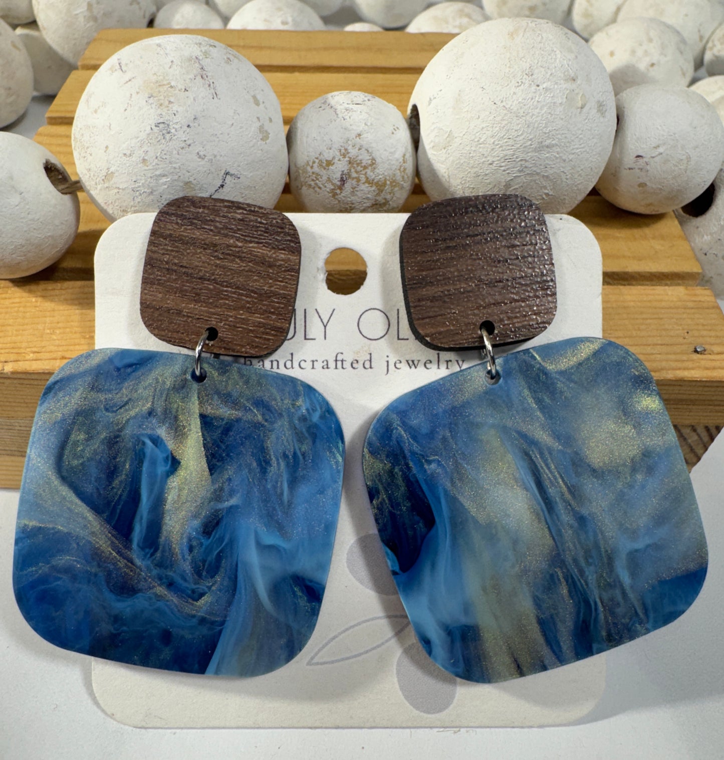 Blue Swirl and Walnut Wood Handcrafted Statement Earrings