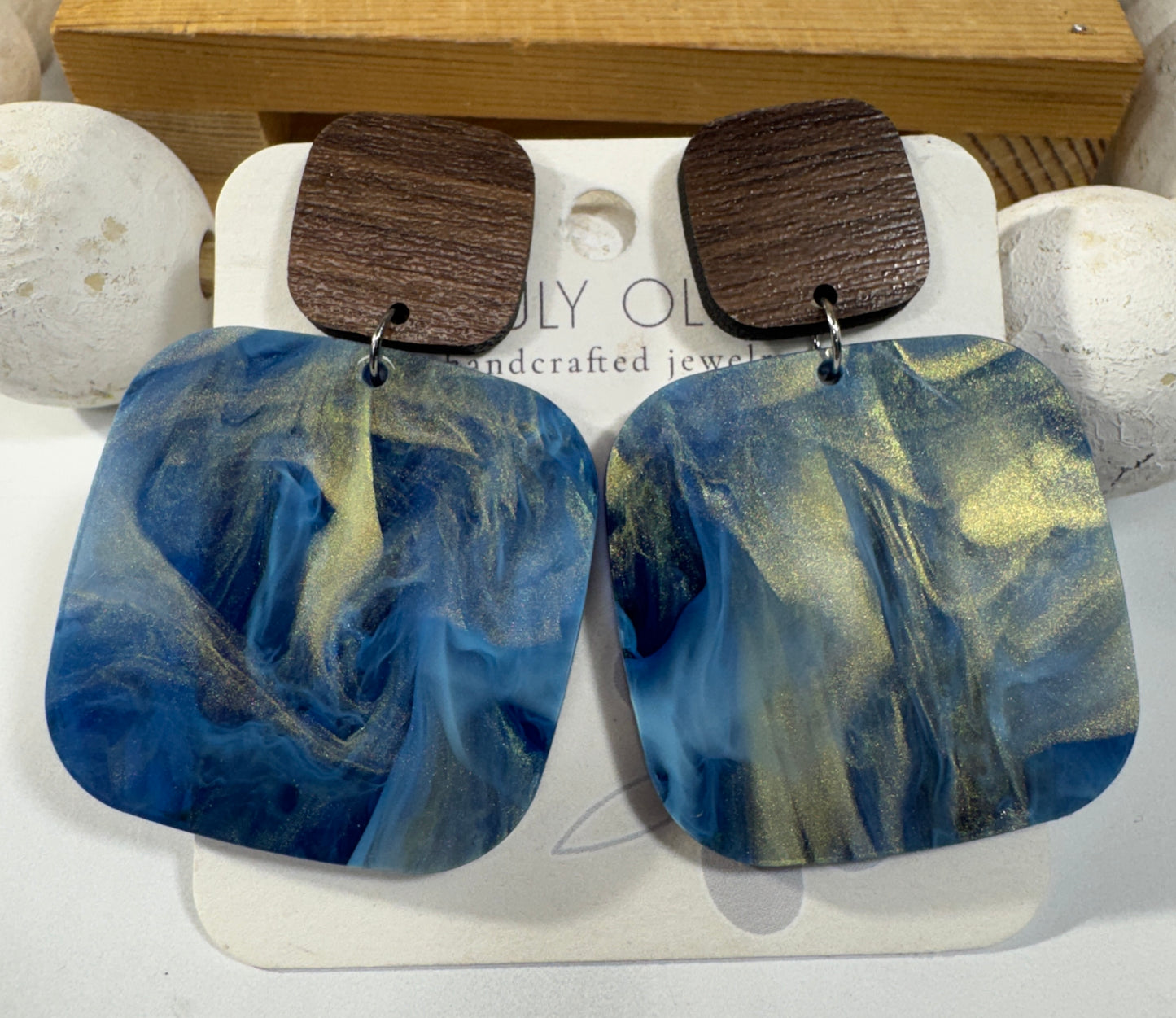 Blue Swirl and Walnut Wood Handcrafted Statement Earrings