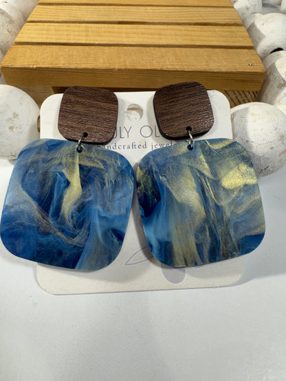 Blue Swirl and Walnut Wood Handcrafted Statement Earrings