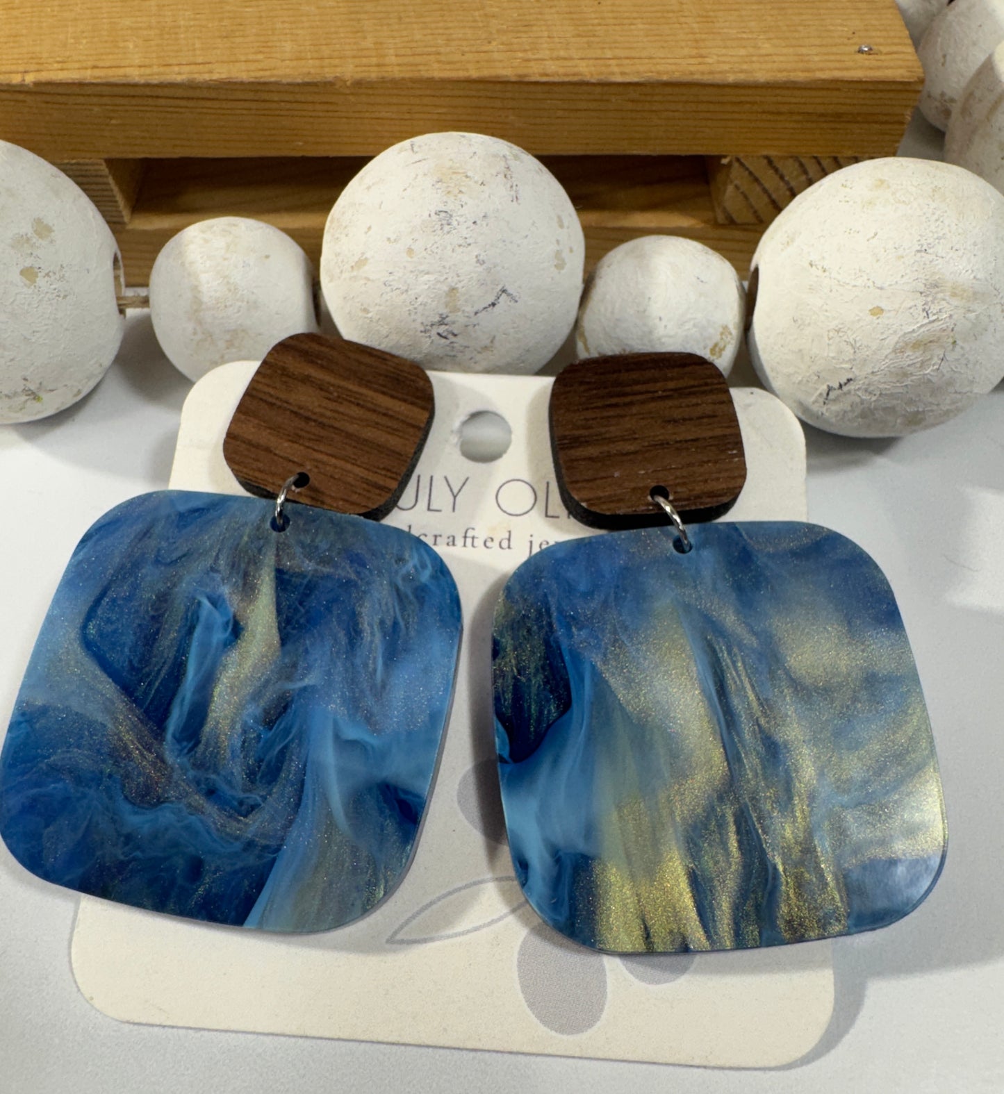 Blue Swirl and Walnut Wood Handcrafted Statement Earrings