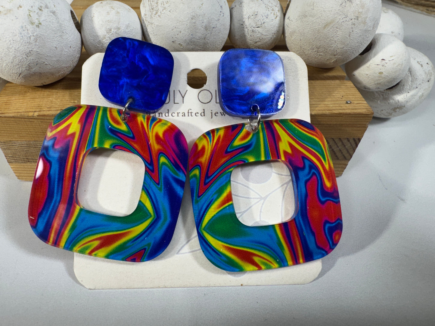 Blue Swirl Walnut Wood Statement Earrings