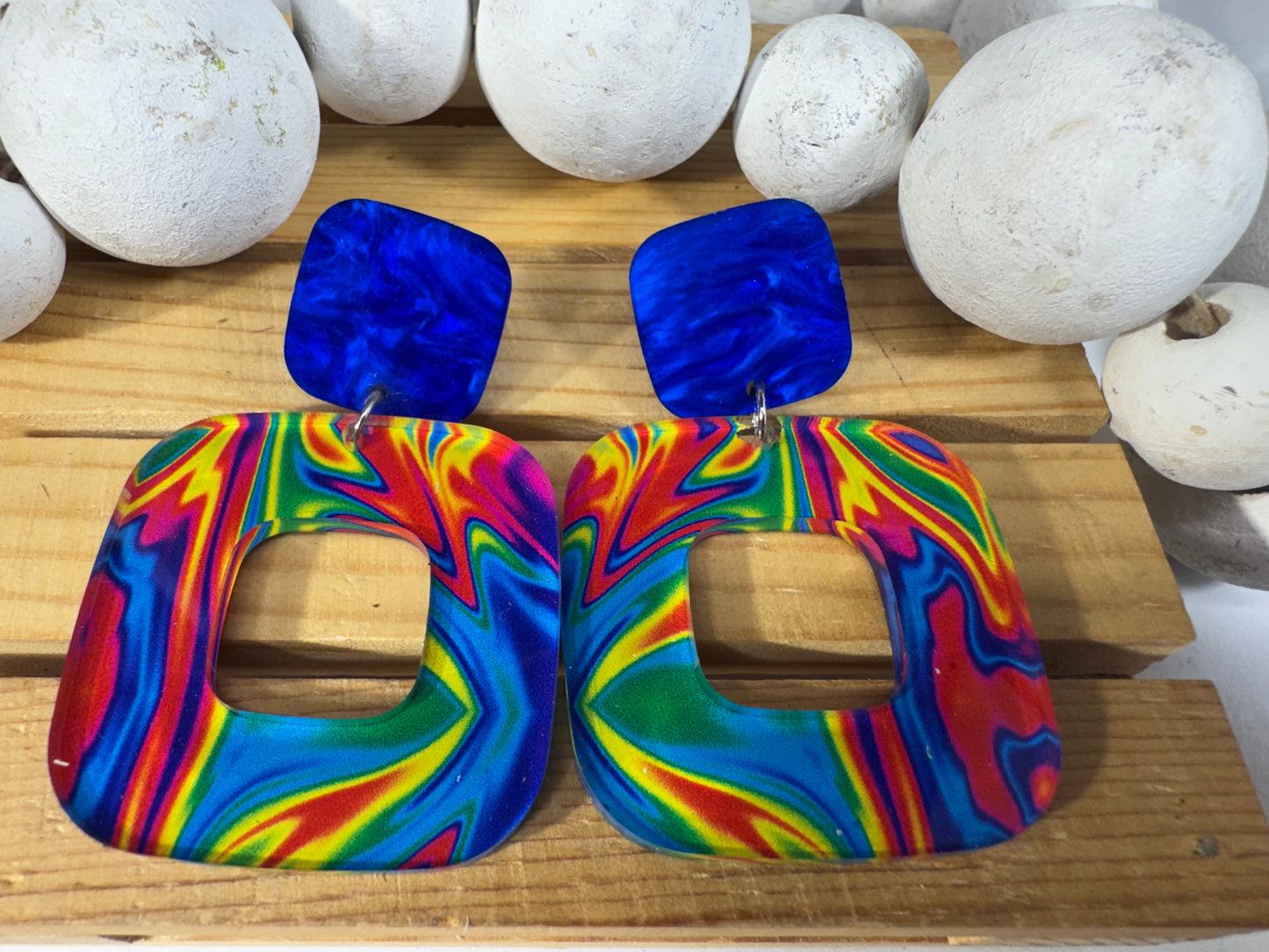 Blue Swirl Walnut Wood Statement Earrings