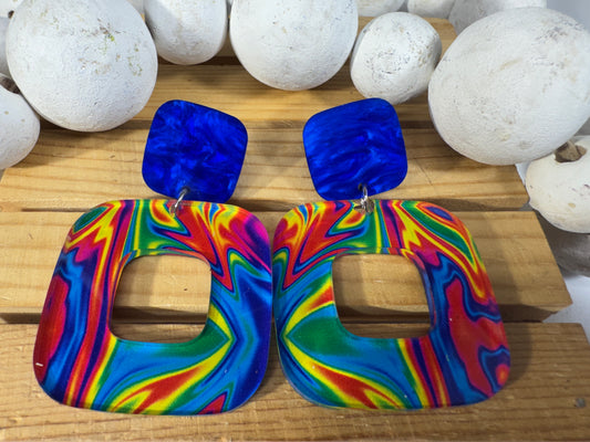 Blue Swirl Walnut Wood Statement Earrings