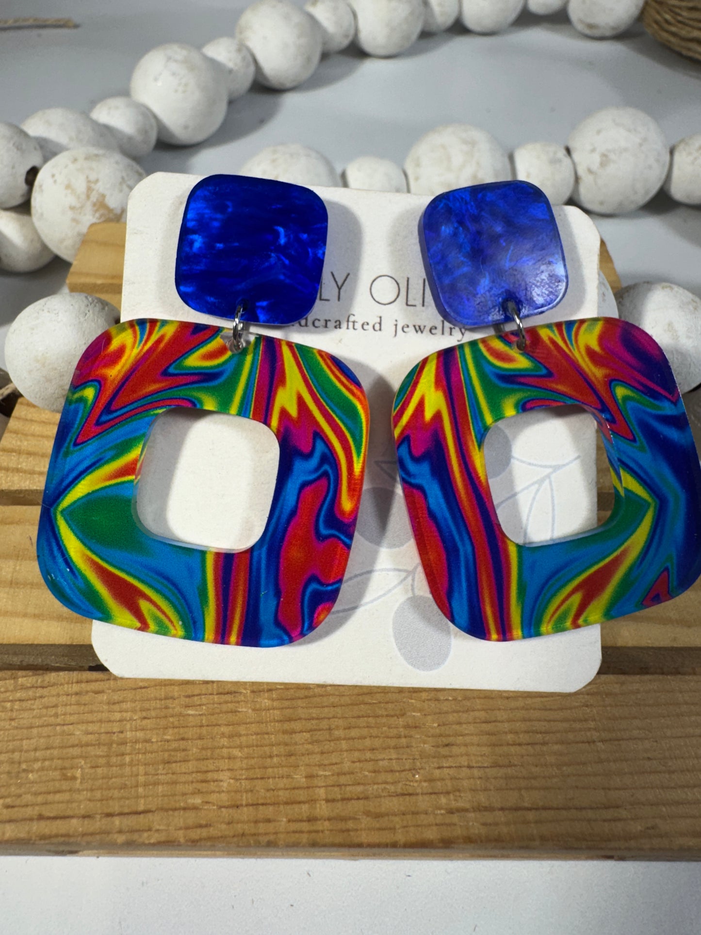 Blue Swirl Walnut Wood Statement Earrings