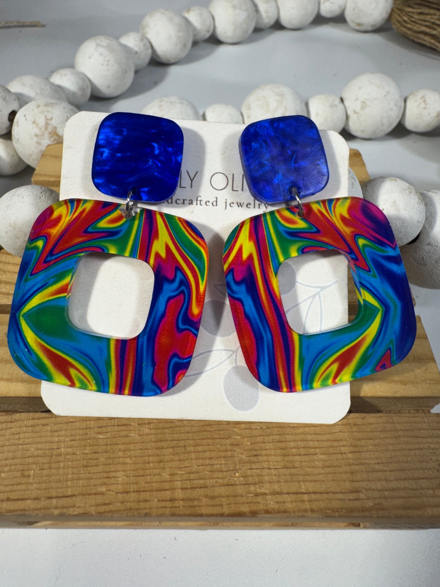 Blue Swirl Walnut Wood Statement Earrings