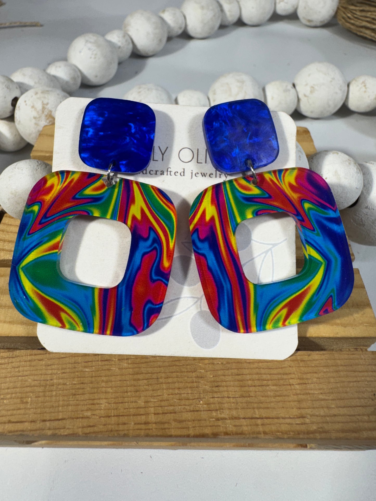 Blue Swirl Walnut Wood Statement Earrings