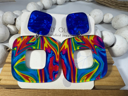 Blue Swirl Walnut Wood Statement Earrings