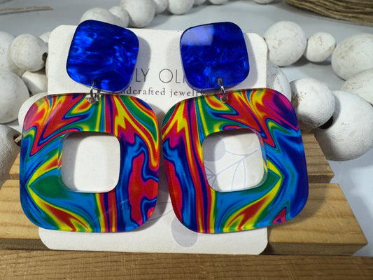 Blue Swirl Walnut Wood Statement Earrings