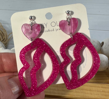 Hot Pink and Light Pink Lip and Heart Earrings