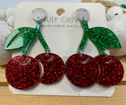 Cherry Glitter Acrylic Earrings