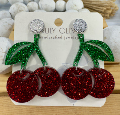 Cherry Glitter Acrylic Earrings