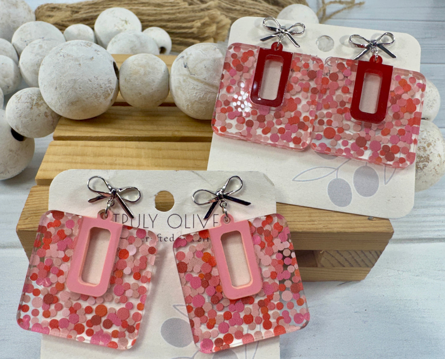 Cutie Pink and Red Polk A Dots Bow Dangles