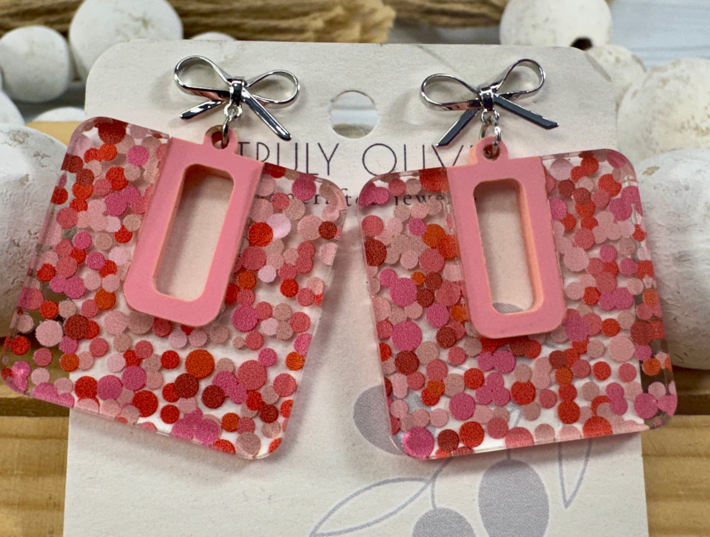 Cutie Pink and Red Polk A Dots Bow Dangles