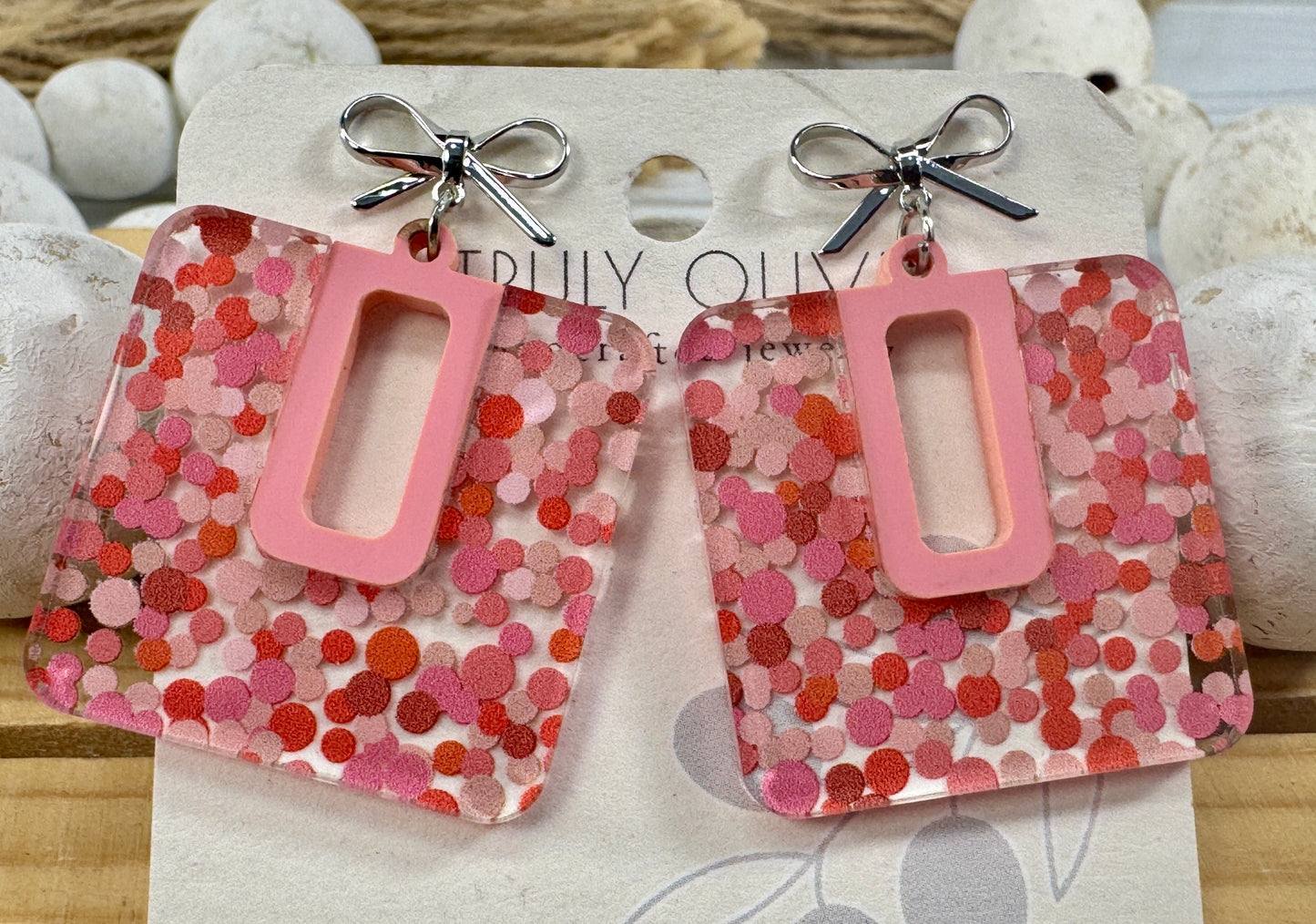 Cutie Pink and Red Polk A Dots Bow Dangles