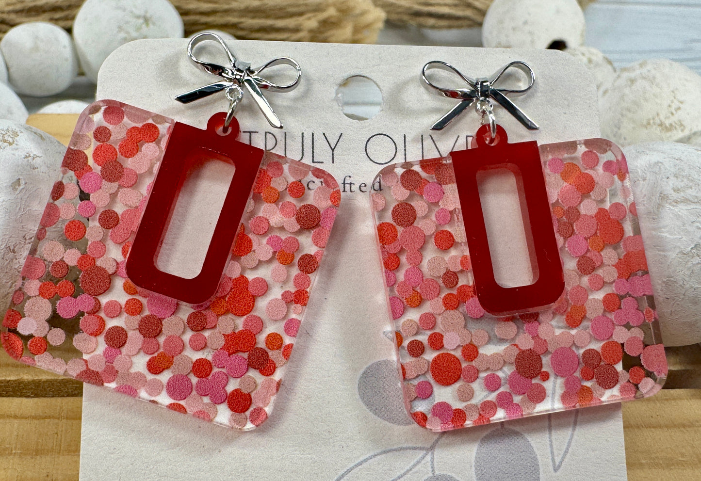 Cutie Pink and Red Polk A Dots Bow Dangles