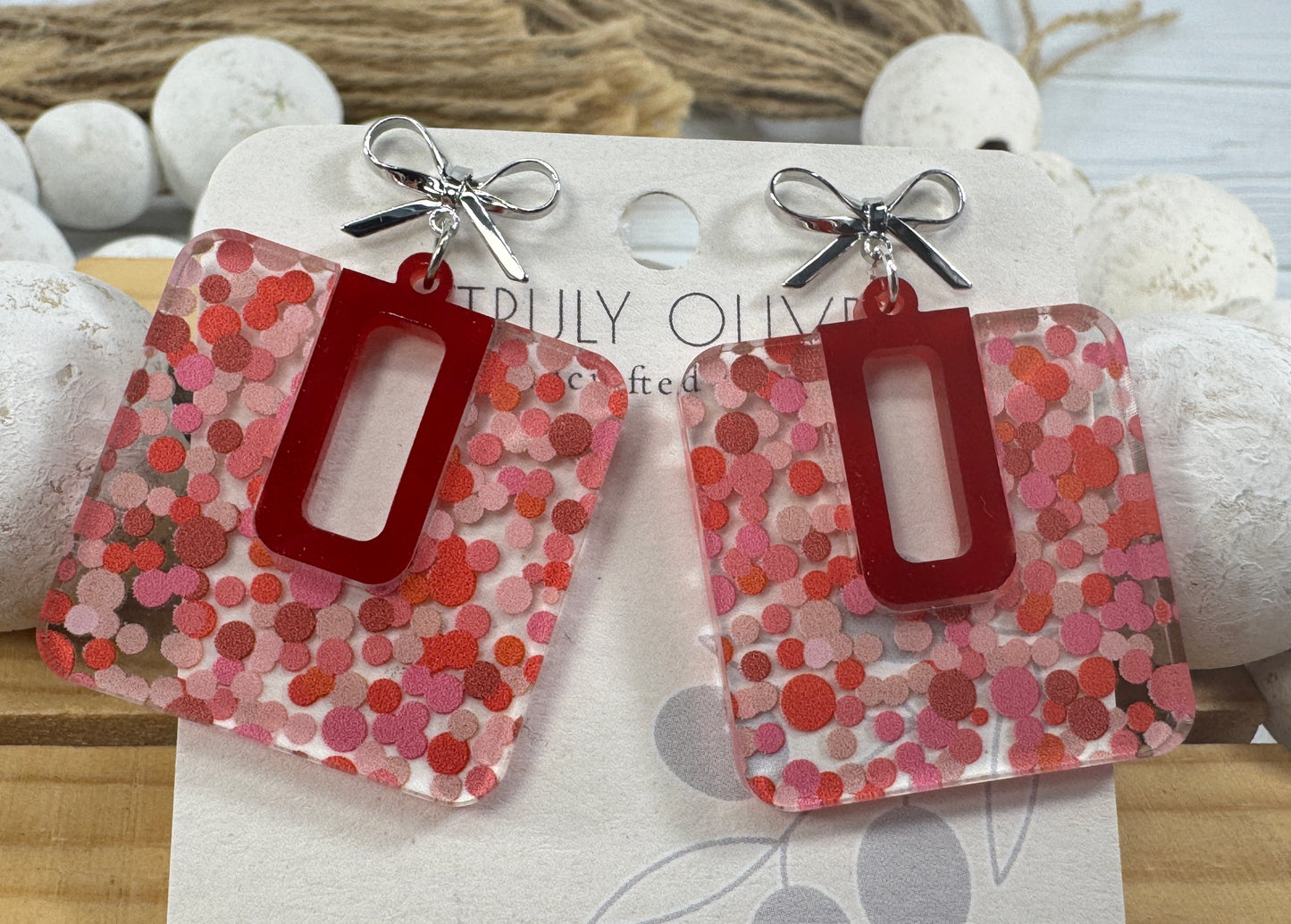 Cutie Pink and Red Polk A Dots Bow Dangles