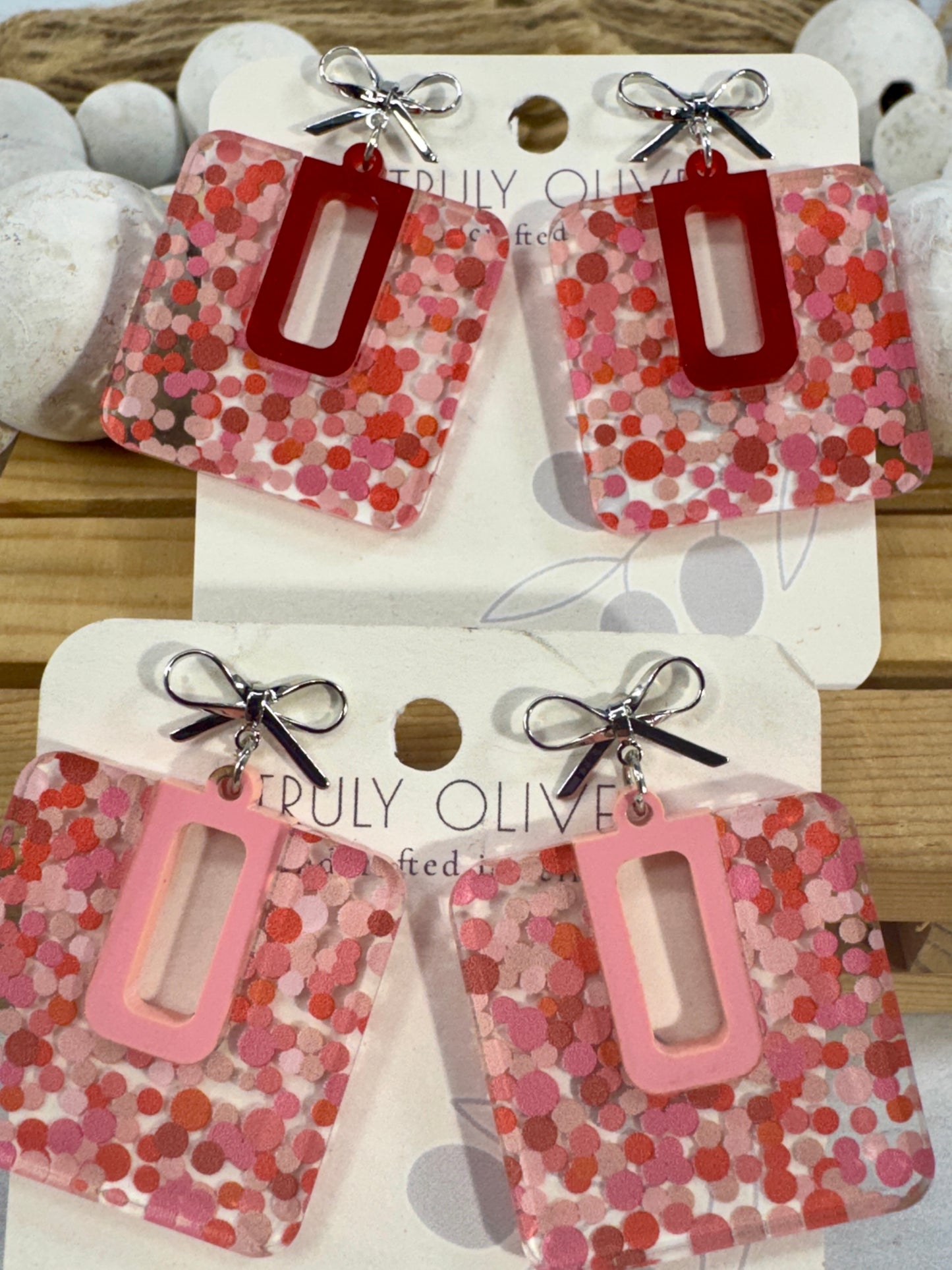 Cutie Pink and Red Polk A Dots Bow Dangles