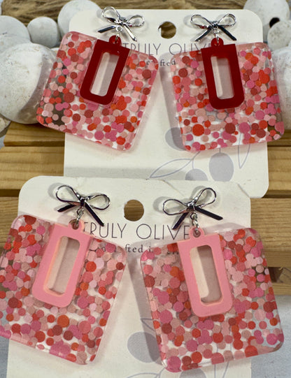 Cutie Pink and Red Polk A Dots Bow Dangles