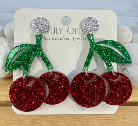 Cherry Glitter Acrylic Earrings