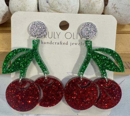 Cherry Glitter Acrylic Earrings