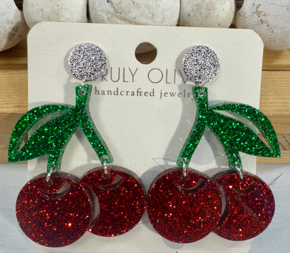 Cherry Glitter Acrylic Earrings