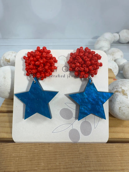 Truly Olive Vibrant Patriotic Red White Blue Heart Earrings For Summer - Earrings Dangle Earrings