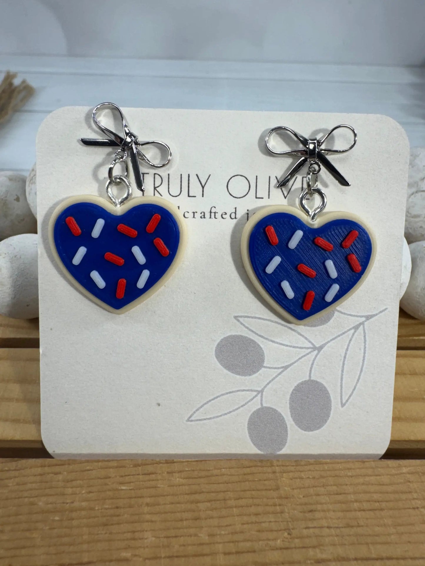 Truly Olive Patriotic Heart Sugar Cookie Earrings – Red, White & Blue Cookie Earrings – Fourth of July Jewelry – Americana Dangle Earrings - Earrings Stud/Post Earrings