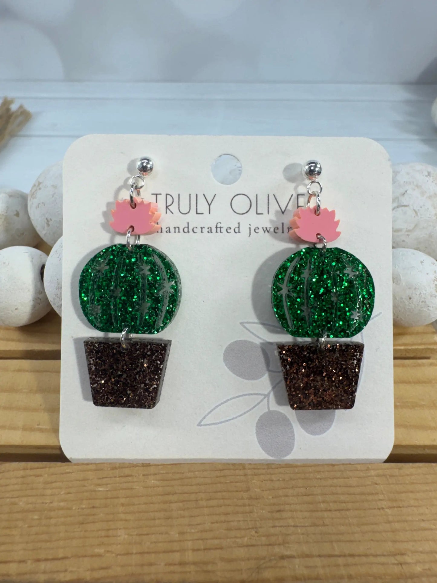 Truly Olive Glittery Sparkly Cactus Earrings – Cute Succulent Dangle Earrings for Plant Lovers - Earrings Stud/Post Earrings