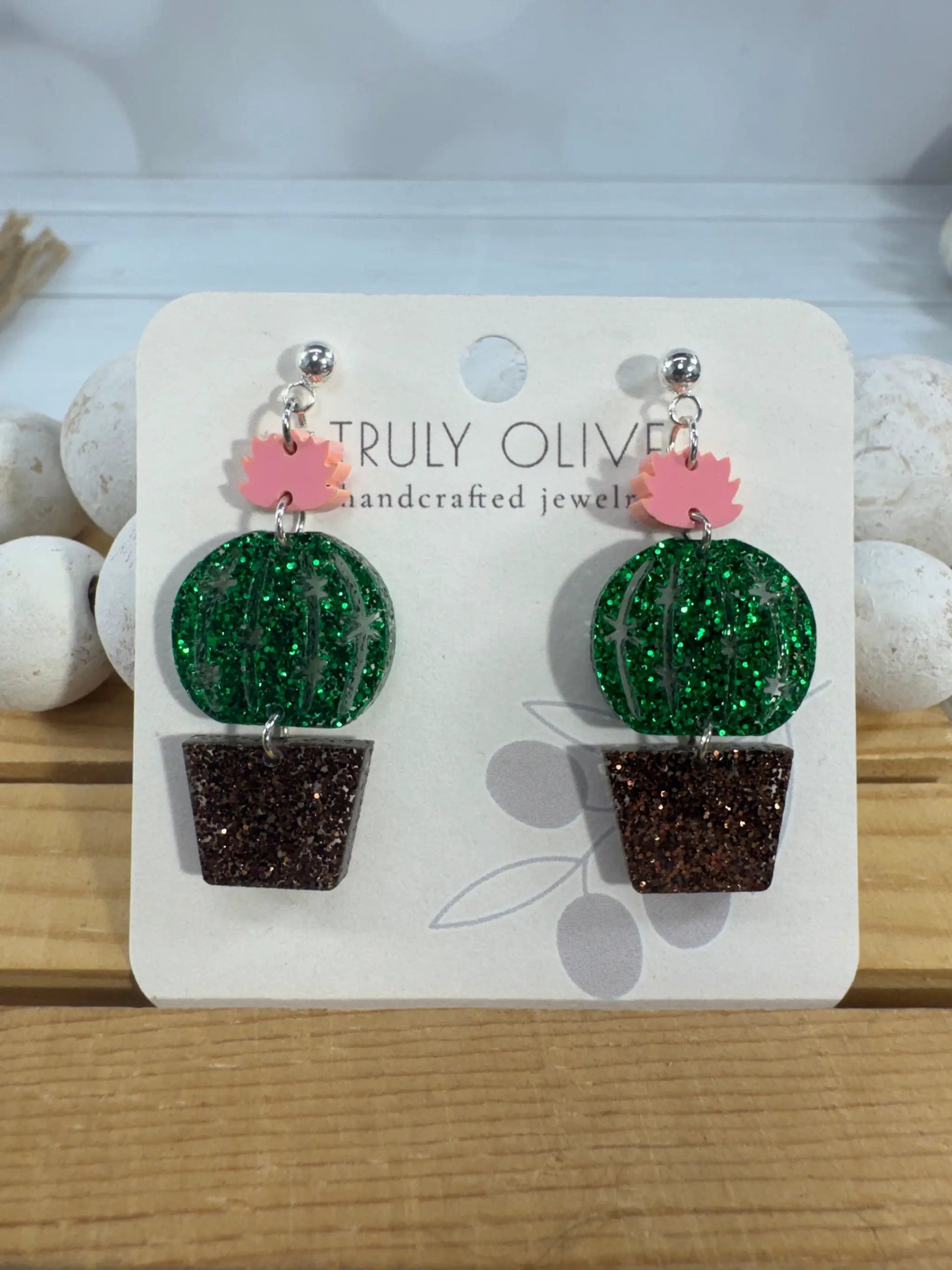 Truly Olive Glittery Sparkly Cactus Earrings – Cute Succulent Dangle Earrings for Plant Lovers - Earrings Stud/Post Earrings