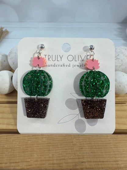 Truly Olive Glittery Sparkly Cactus Earrings – Cute Succulent Dangle Earrings for Plant Lovers - Earrings Stud/Post Earrings