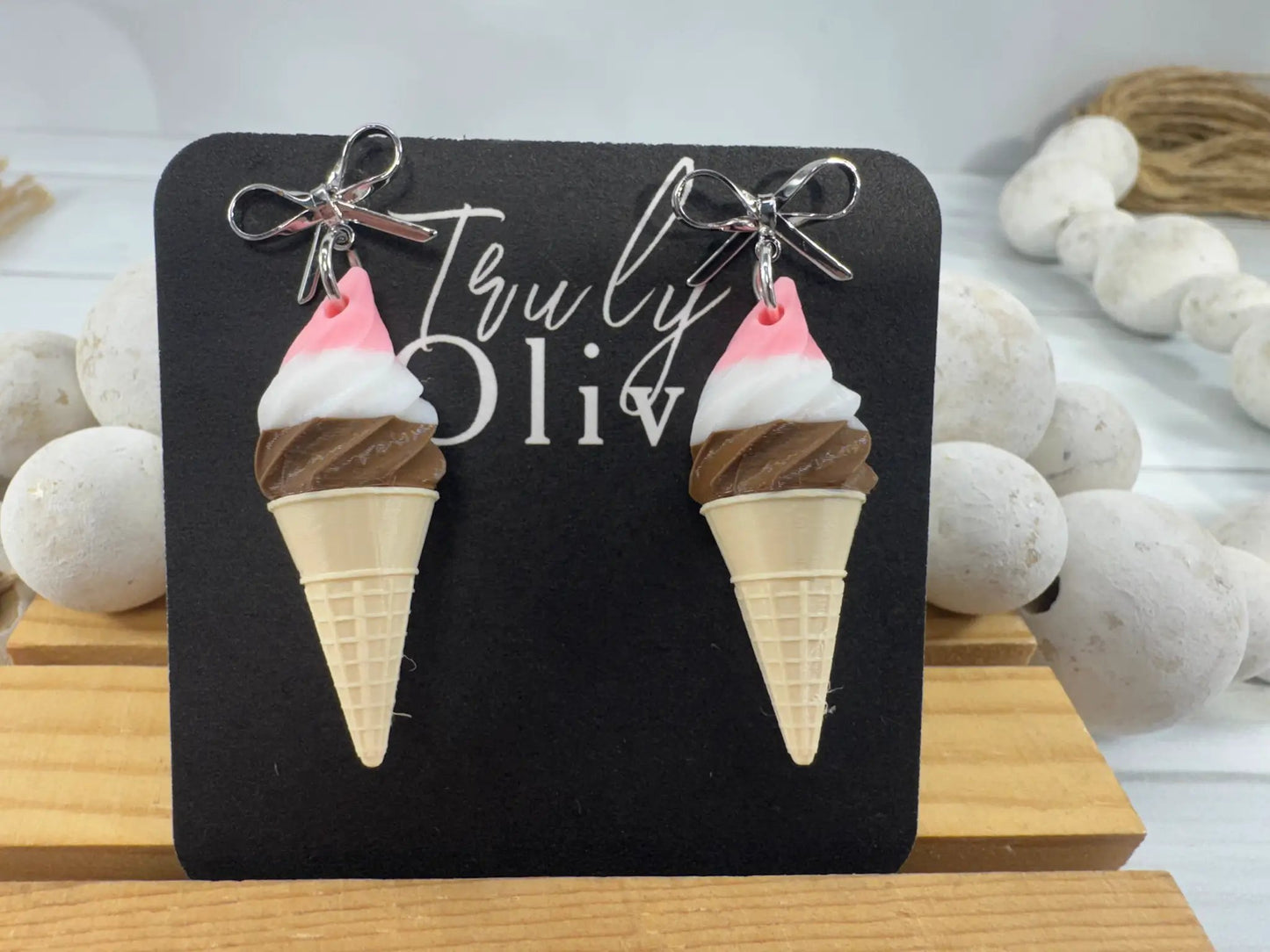 Truly Olive Neapolitan Ice Cream Cone Earrings, Cute Ice Cream Earrings, Summer Earrings, Dessert Jewelry, Foodie Gift, Kawaii Earrings - Earrings Stud/Post Earrings