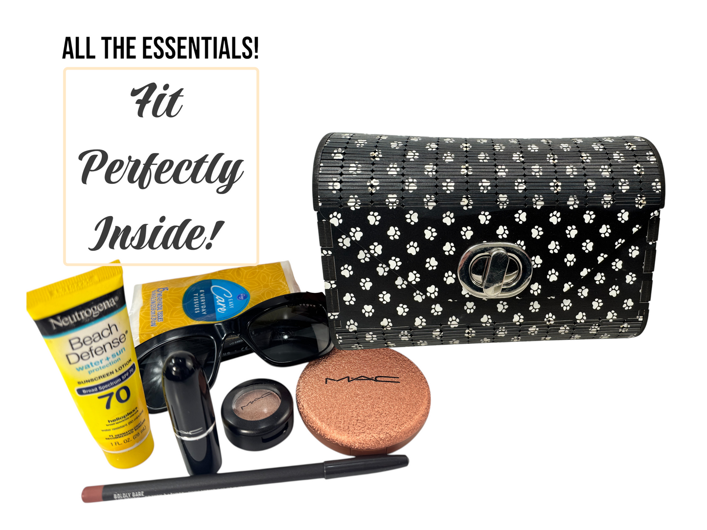 Puppy Paw Print Blue Flower Pattern Wood Handbag Clutch Purse