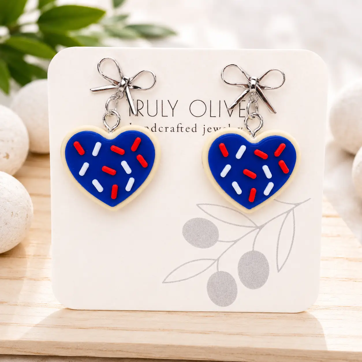 Truly Olive Patriotic Heart Sugar Cookie Earrings – Red, White & Blue Cookie Earrings – Fourth of July Jewelry – Americana Dangle Earrings - Earrings Stud/Post Earrings