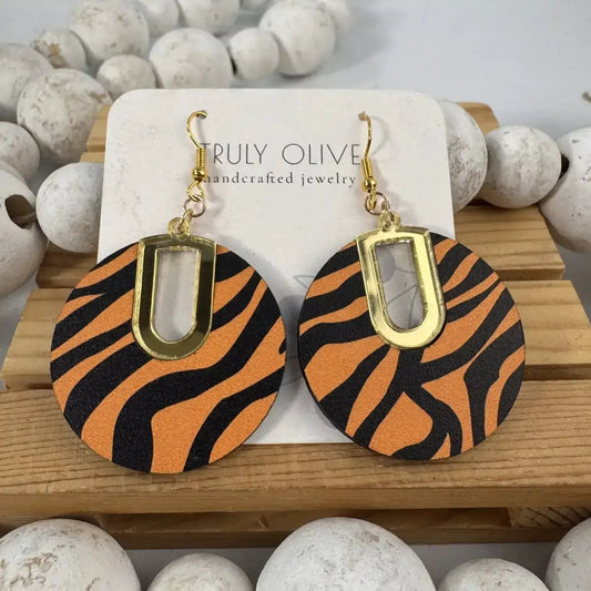 Truly Olive Tiger Pattern Wood Earrings - Earrings Dangle Earrings