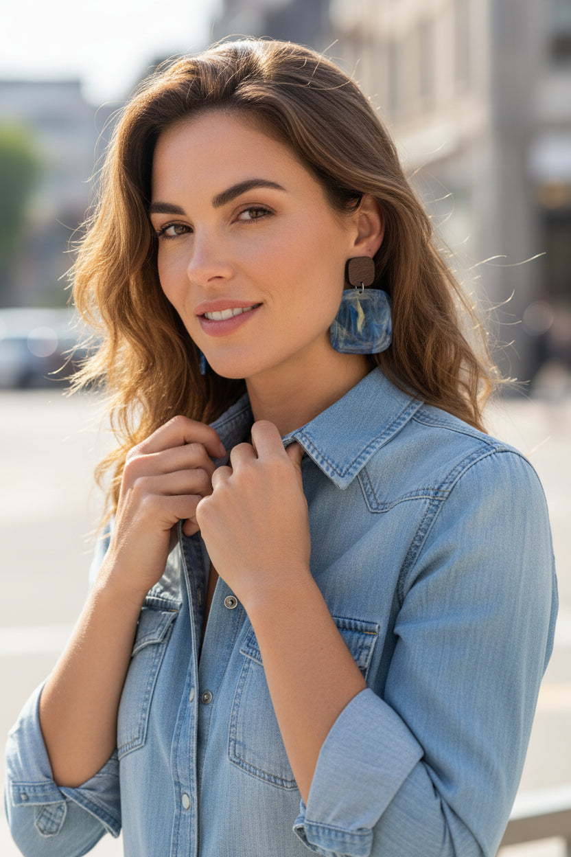 Blue Swirl and Walnut Wood Handcrafted Statement Earrings