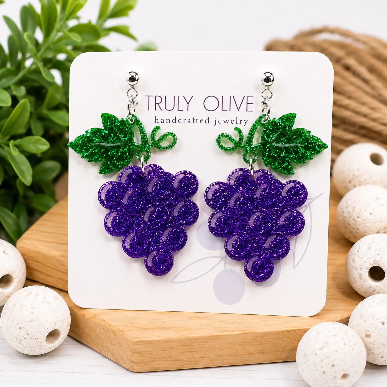 Truly Olive Glitter Grape Earrings With Sparkling Green Leaves - Earrings Stud/Post Earrings