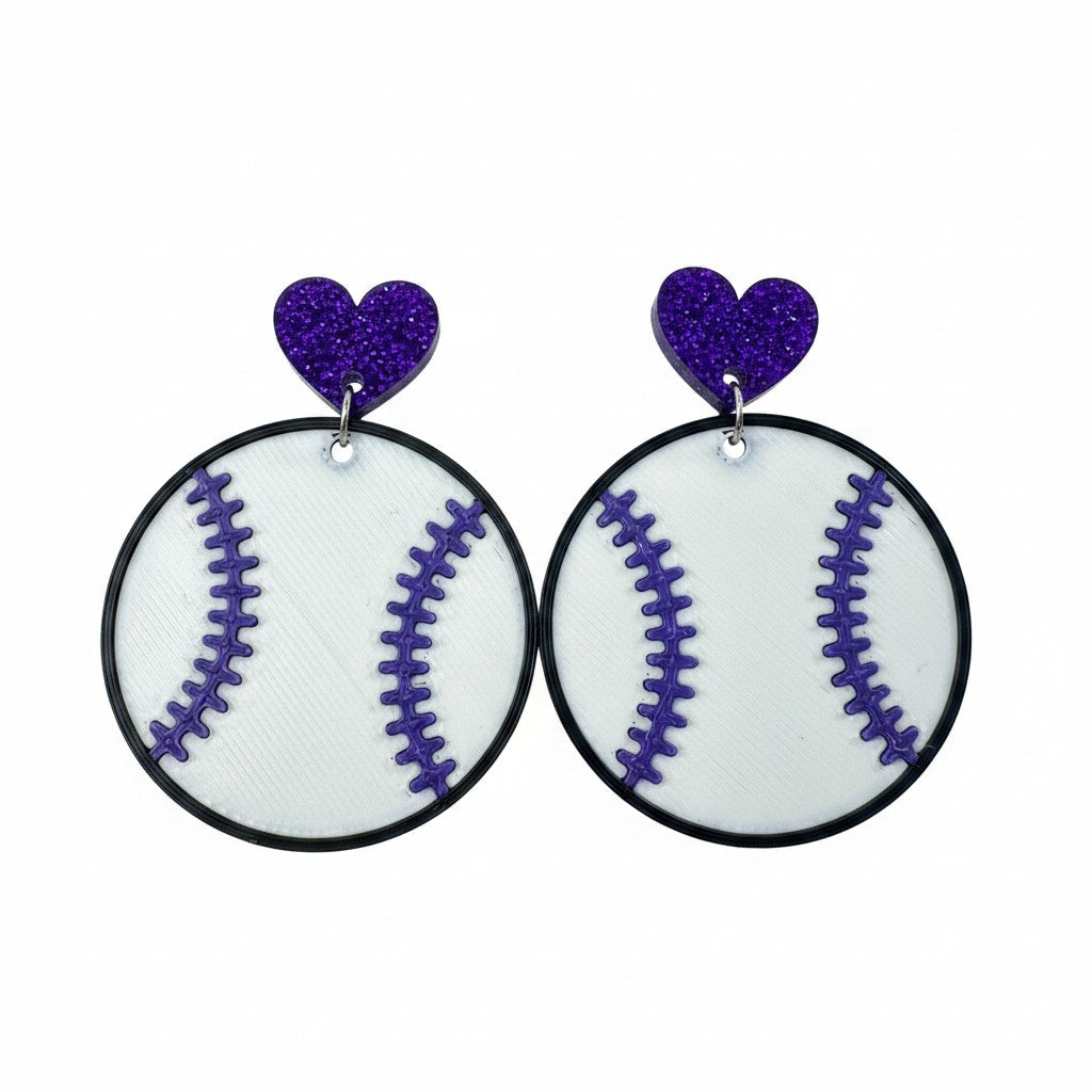 Trulyolive purple glitter heart baseball dangle earrings with white and purple stitching.