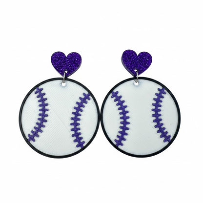 Trulyolive purple glitter heart baseball dangle earrings with white and purple stitching.