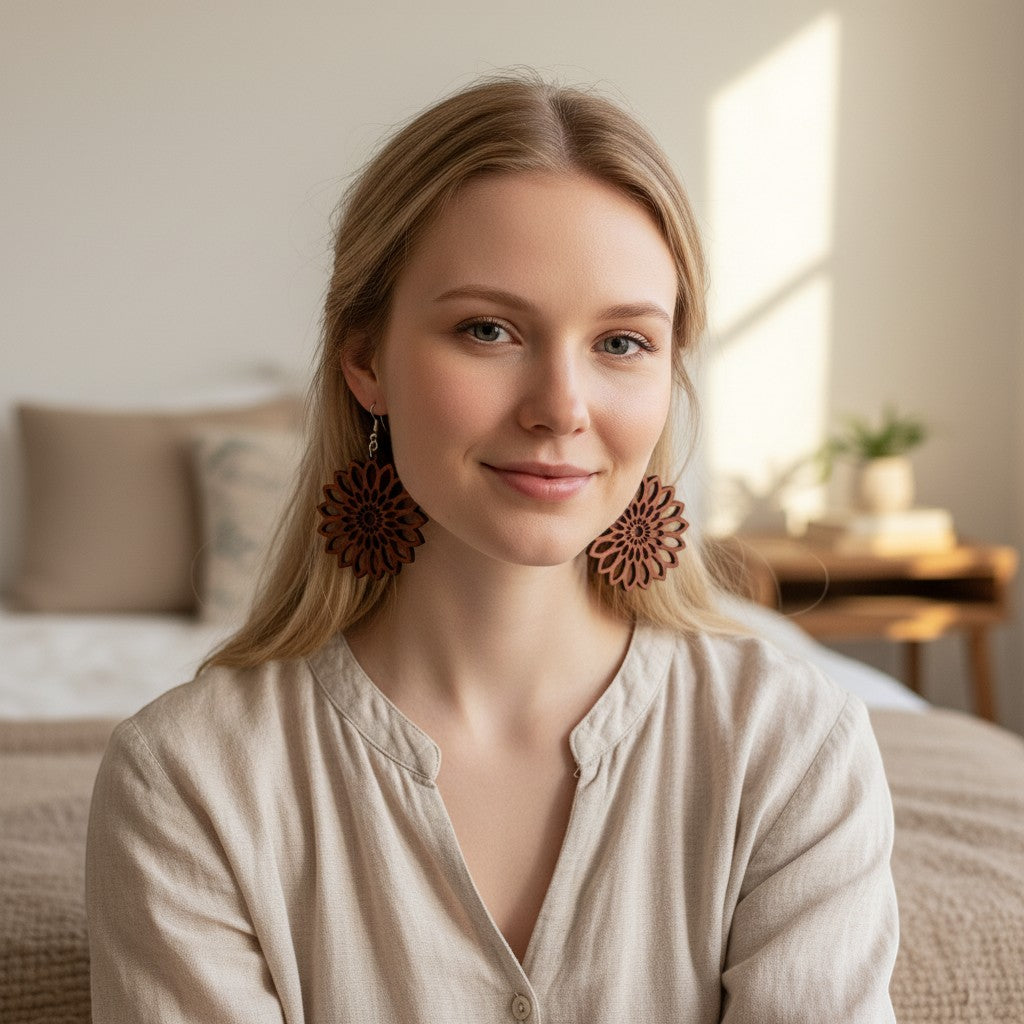 TrulyOlive bohemian wood earrings with intricate floral cutouts in a warm reddish-brown hue. Lightweight and stylish.