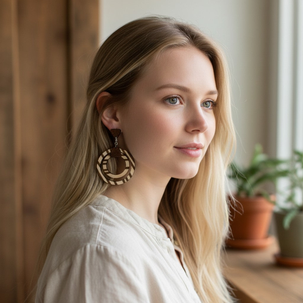 Trulyolive handmade wooden hoop earrings with brown leather accent and striped pattern. Lightweight and unique.